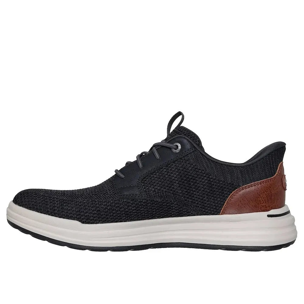 Skechers Sterling-Ramone men's black vegan slip-on trainers with breathable mesh upper and brown accent heel.
