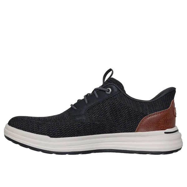 Skechers Sterling-Ramone men's black vegan slip-on trainers with breathable mesh upper and brown accent heel.