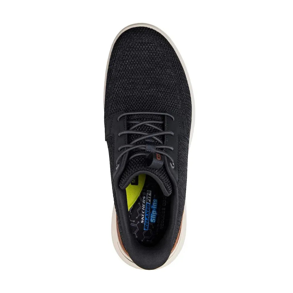 Skechers Sterling-Ramone men's black vegan slip-on trainers, breathable knit upper, cushioned insole, casual athletic footwear.