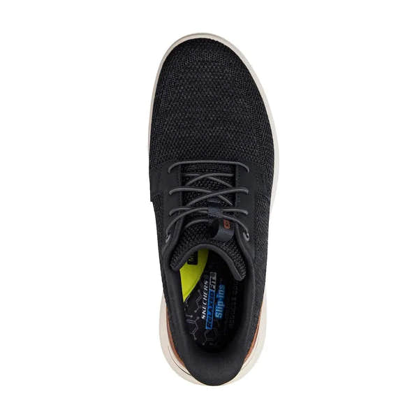 Skechers Sterling-Ramone men's black vegan slip-on trainers, breathable knit upper, cushioned insole, casual athletic footwear.