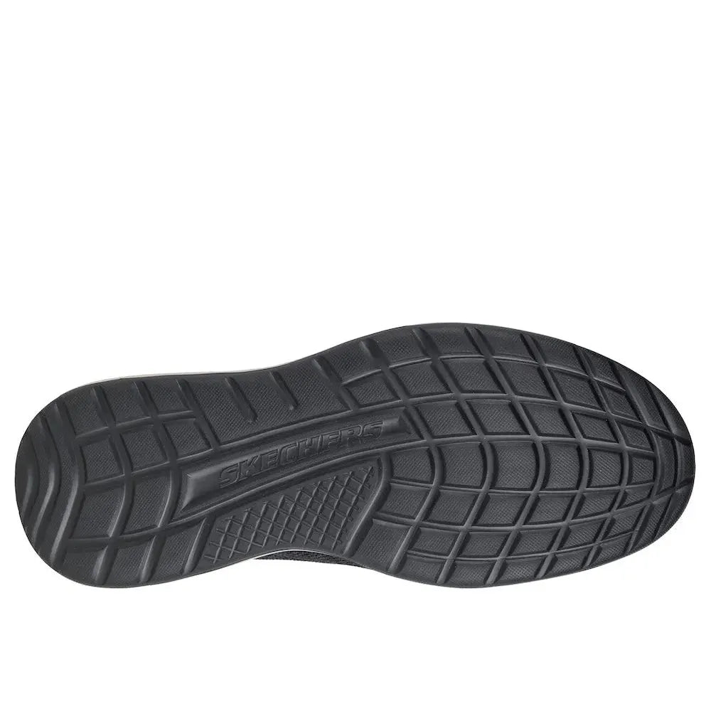 Skechers Sterling-Ramone men's black vegan slip-on trainers with cushioned sole and slip-resistant tread.