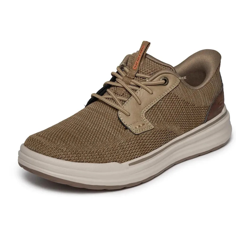 Skechers Sterling-Ramone men's taupe vegan slip-on trainers with mesh upper and cushioned sole.