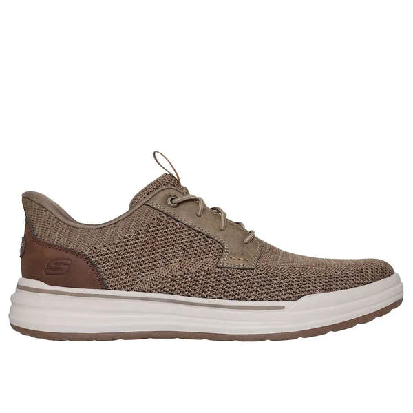 Skechers Sterling-Ramone men's taupe vegan slip-on trainers with breathable mesh upper and cushioned white sole.