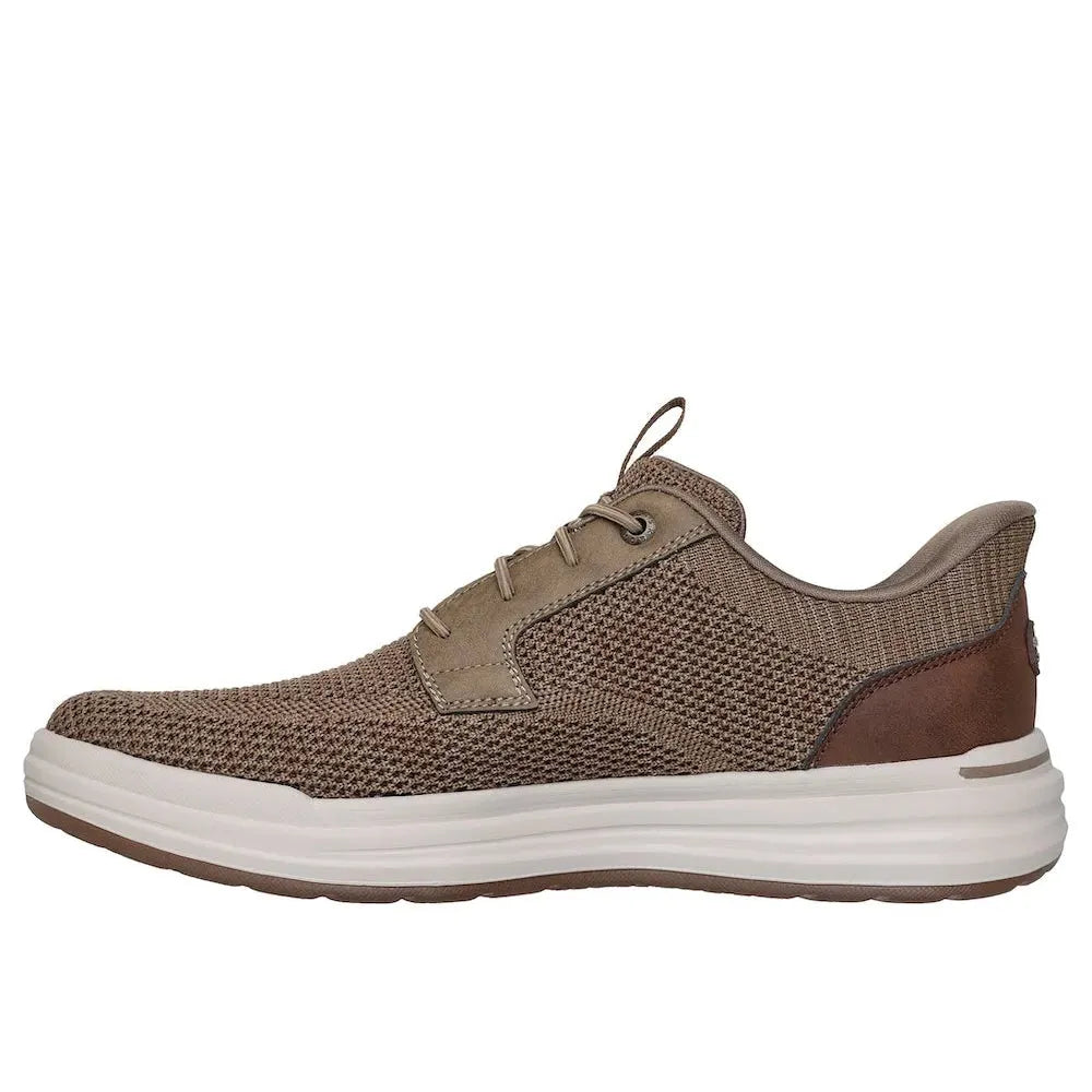 Skechers Sterling-Ramone men's taupe vegan slip-on trainers with breathable fabric upper and white cushioned sole.