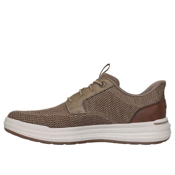 Skechers Sterling-Ramone men's taupe vegan slip-on trainers with breathable fabric upper and white cushioned sole.