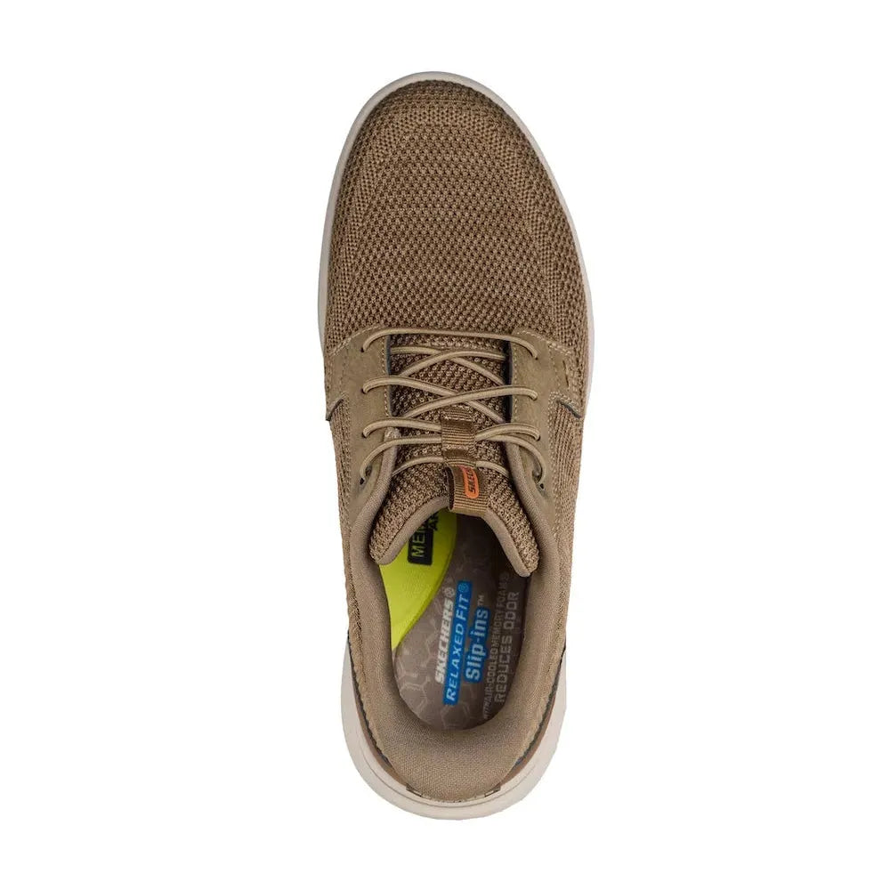 Skechers Sterling-Ramone men's taupe vegan slip-on trainers with breathable mesh upper and cushioned insole.