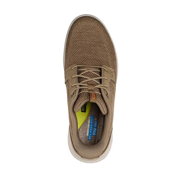 Skechers Sterling-Ramone men's taupe vegan slip-on trainers with breathable mesh upper and cushioned insole.