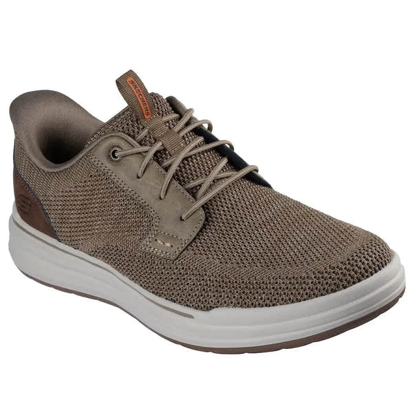 Skechers Sterling-Ramone men's taupe vegan slip-on trainers with breathable knit upper and white cushioned sole.