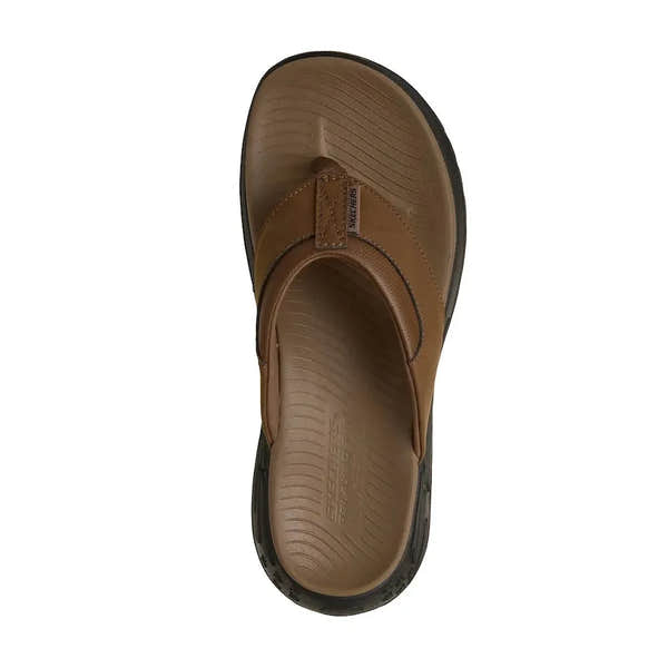 Skechers men's brown vegan slip-on street retro jogger-tate sandals with cushioned footbed and slip-resistant sole.