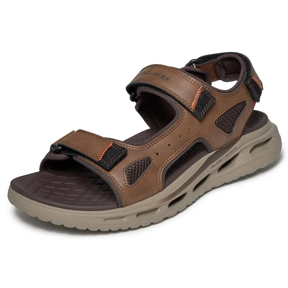 Skechers men's brown touch fastening sandals, open-toe design with adjustable straps and cushioned sole.
