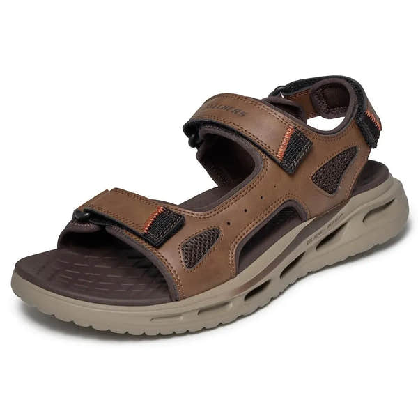 Skechers men's brown touch fastening sandals, open-toe design with adjustable straps and cushioned sole.