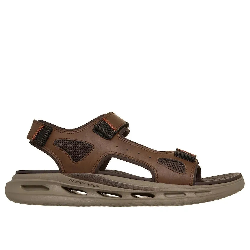 Skechers men's brown touch fastening sandals with breathable mesh accents and cushioned sole for comfort.