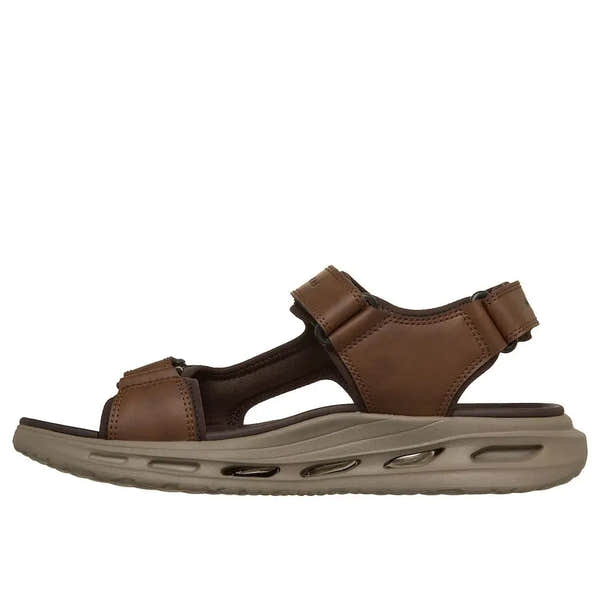 Skechers Orvan SD-Gamble men's brown touch fastening sandals with open toe, cushioned sole, and adjustable straps.