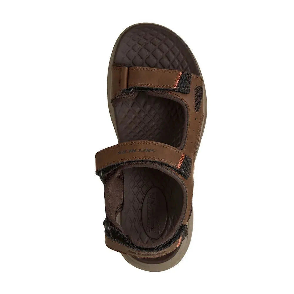 Skechers men's brown touchscreen fastening sandals with cushioned sole and adjustable straps.