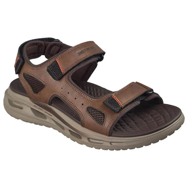 Skechers men's brown touch fastening sandal with adjustable straps, cushioned footbed, and rugged outsole.