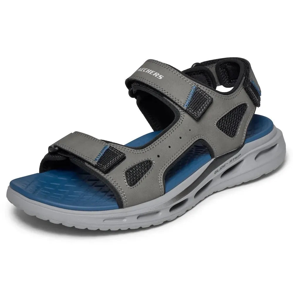 Skechers mens Charcoal Touch Fastening Sandals, sporty open-toe design with adjustable straps and cushioned sole.