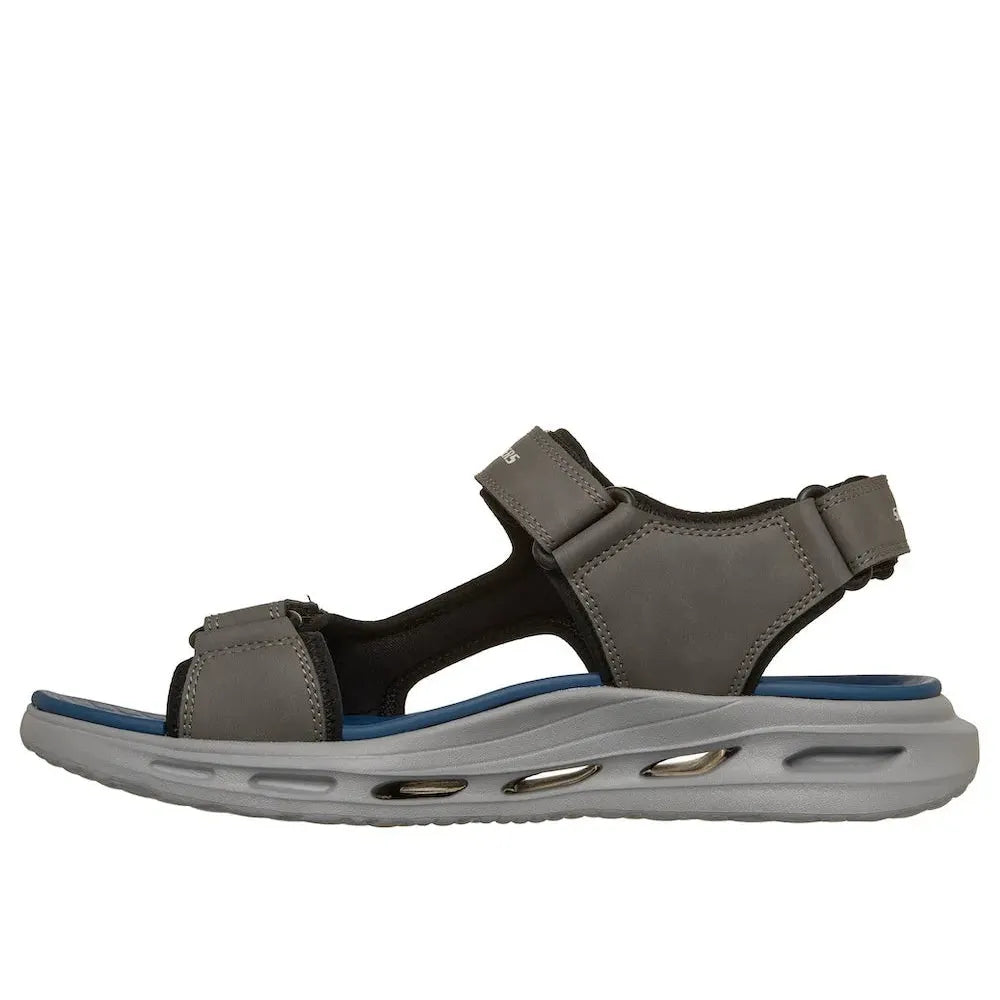 Skechers men's Orvan SD-Gamble sandals in charcoal with touch fastenings, cushioned sole, and adjustable straps.