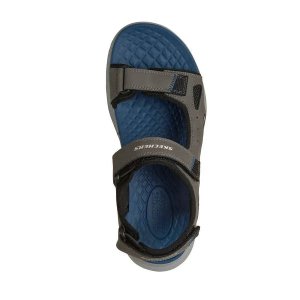 Skechers Orvan SD-Gamble men's touch-fastening sandals in charcoal with blue footbed and adjustable straps.
