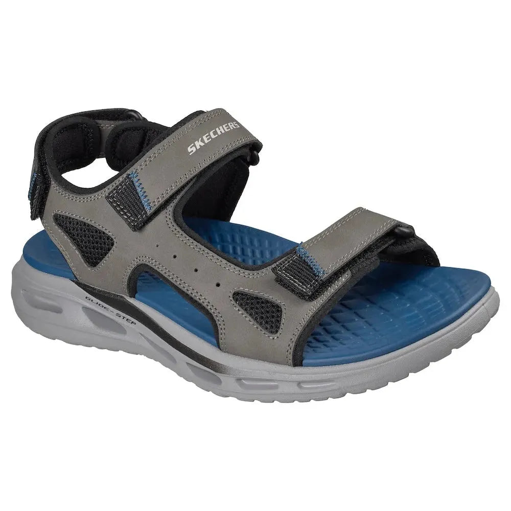 Skechers men's Orvan SD-Gamble charcoal touch fastening sandals with adjustable straps and cushioned footbed.