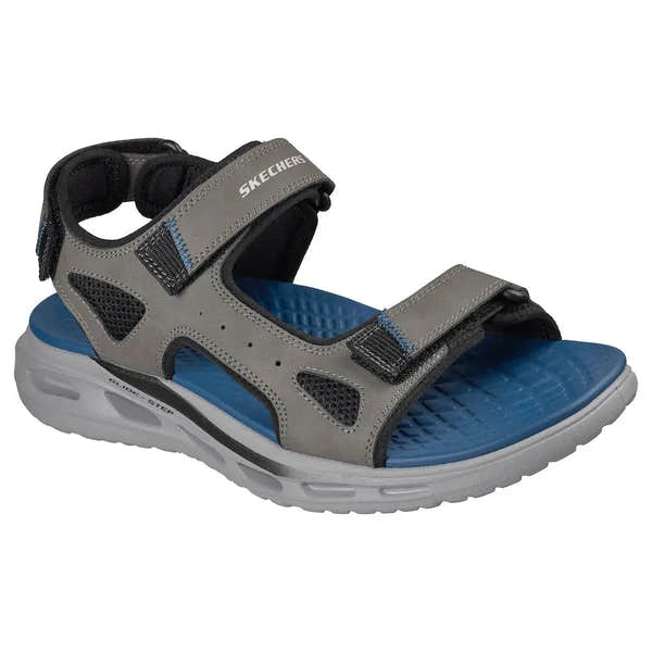 Skechers men's Orvan SD-Gamble charcoal touch fastening sandals with adjustable straps and cushioned footbed.