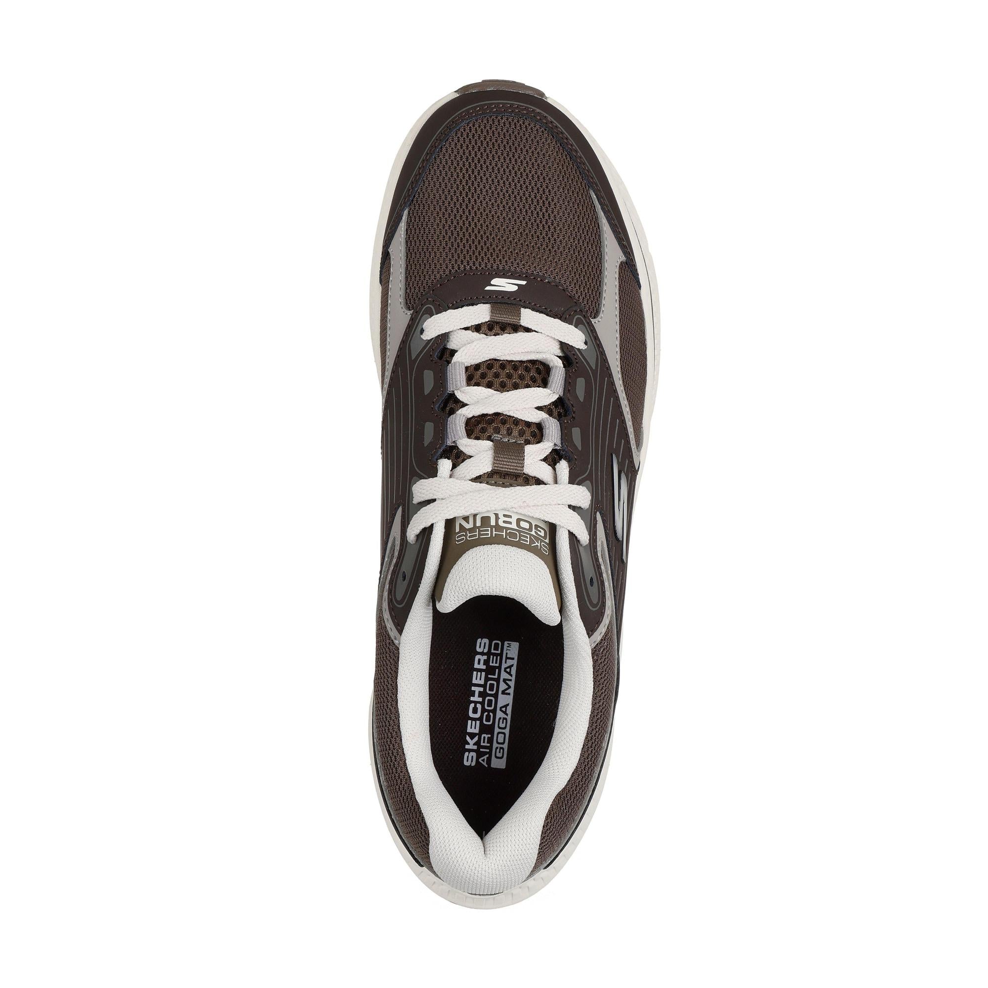 Skechers men's brown leather and textile lace-up trainers with white laces and rubber sole, breathable athletic design.