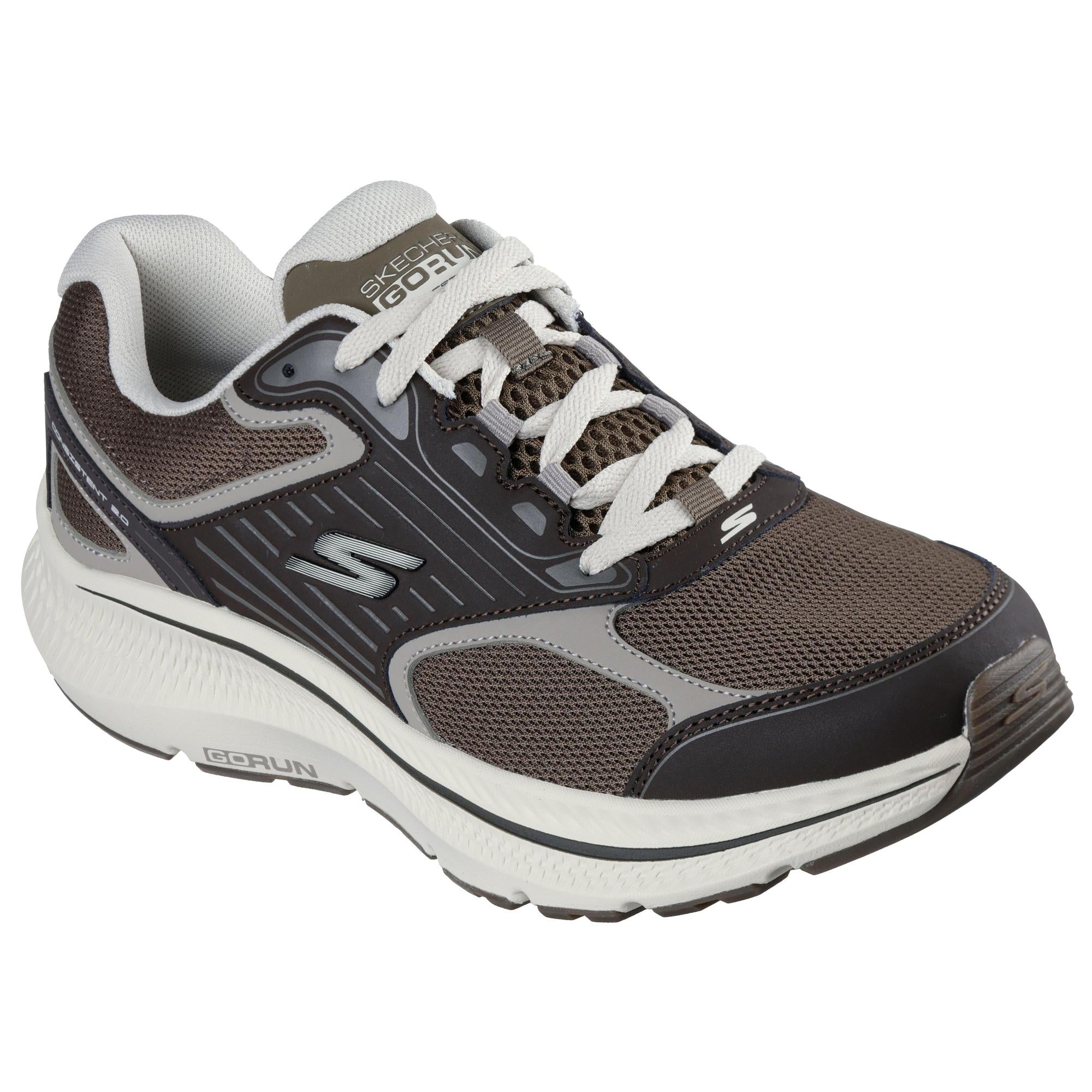 Skechers GOrun Consistent 2.0 men's brown leather and textile lace-up running trainers with cushioned sole.