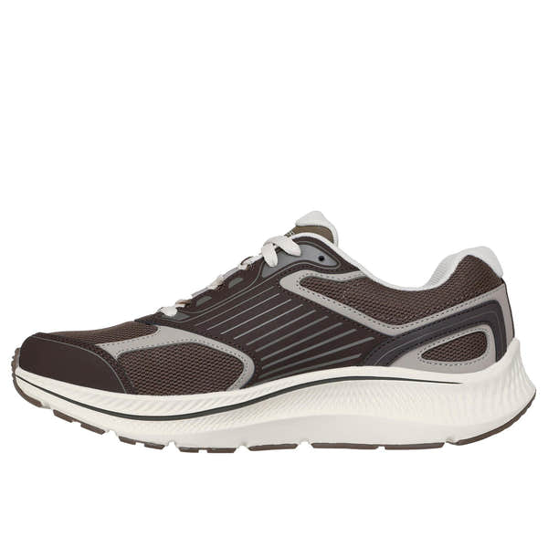 Skechers men's brown leather and textile lace-up trainer with breathable mesh and cushioned sole for running and casual wear.