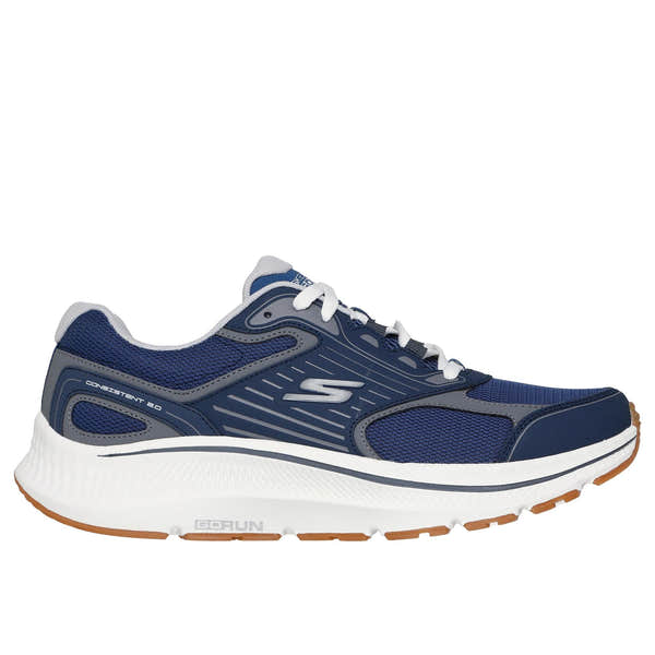 Men's navy blue Skechers Go Run Consistent 2.0 sneakers with leather and textile upper, lace-up closure, and sporty design.
