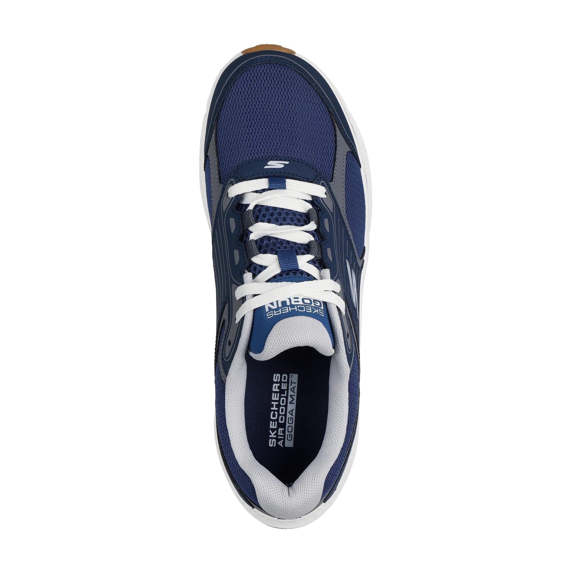 Men's navy Skechers Go Run Consistent 2.0 athletic trainers with leather and textile upper, lace-up design, and cushioned insole.