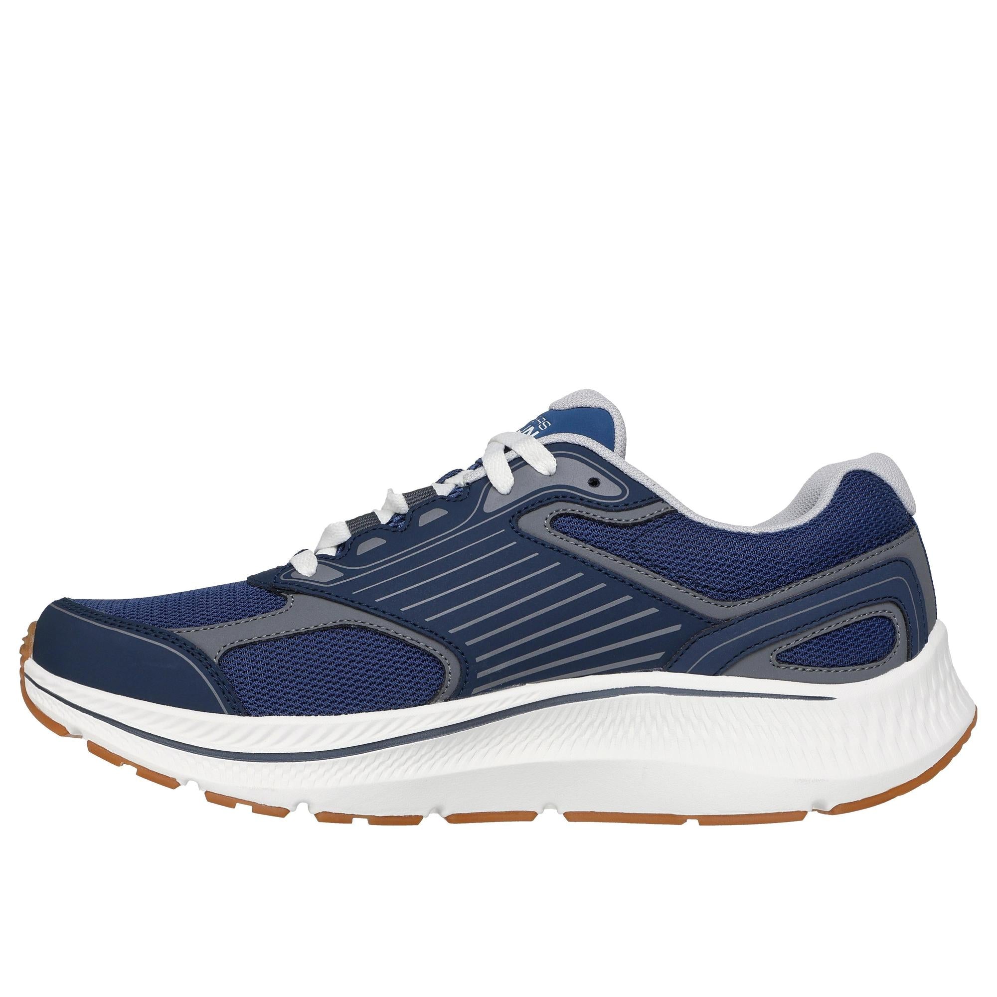 Skechers men's navy leather and textile lace-up trainers with white sole and gray accents, designed for running and active wear.