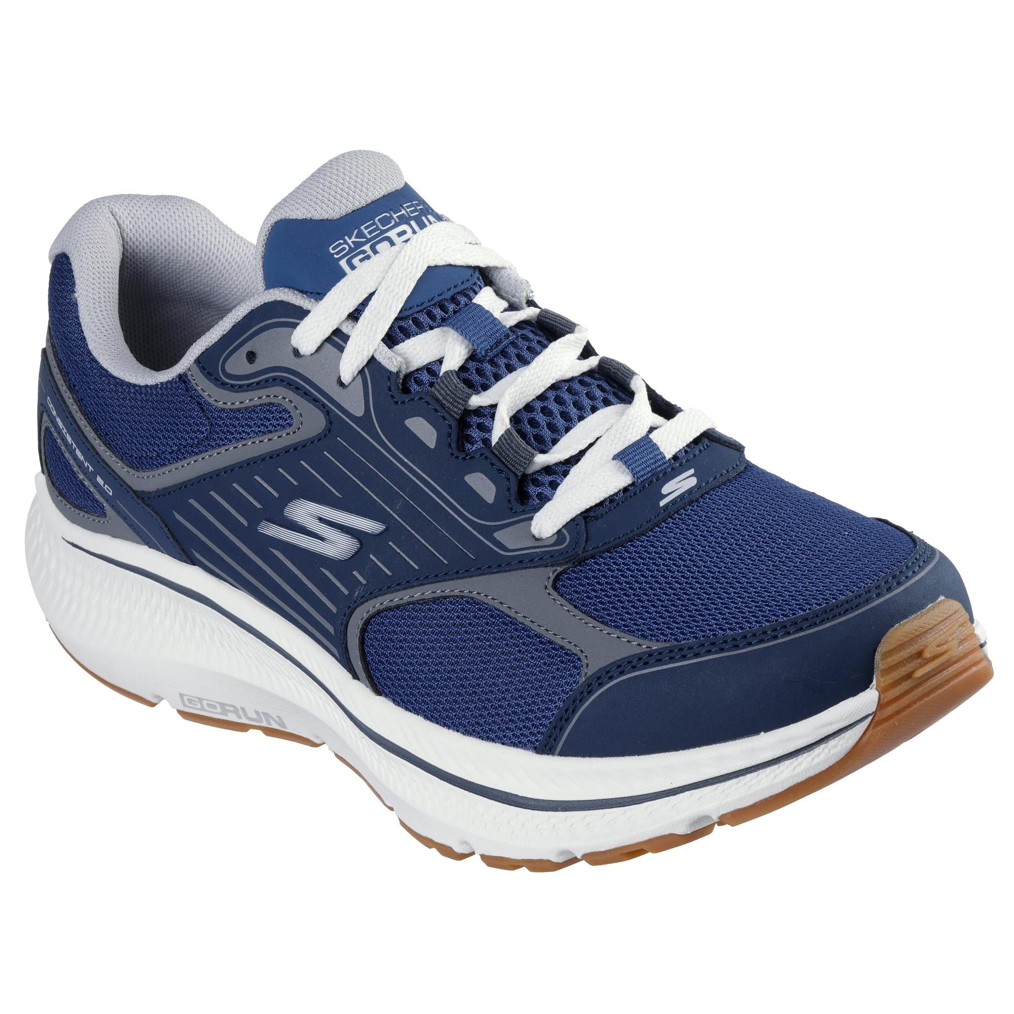 Skechers Go Run Consistent 2.0 men's navy leather and textile lace-up trainers with cushioned sole and gum rubber outsole.