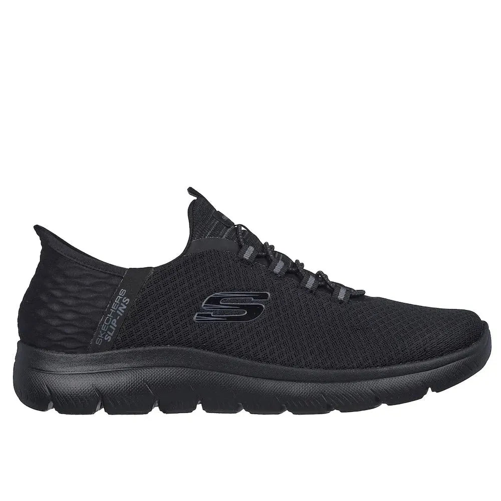 Skechers Men’s Black Vegan Slip-On Trainers, Summits-High Range, lightweight, breathable athletic shoes with cushioned sole.