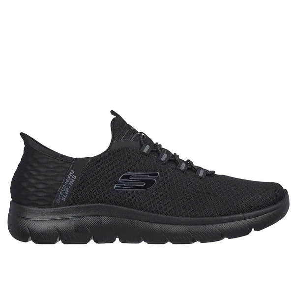Skechers Men’s Black Vegan Slip-On Trainers, Summits-High Range, lightweight, breathable athletic shoes with cushioned sole.