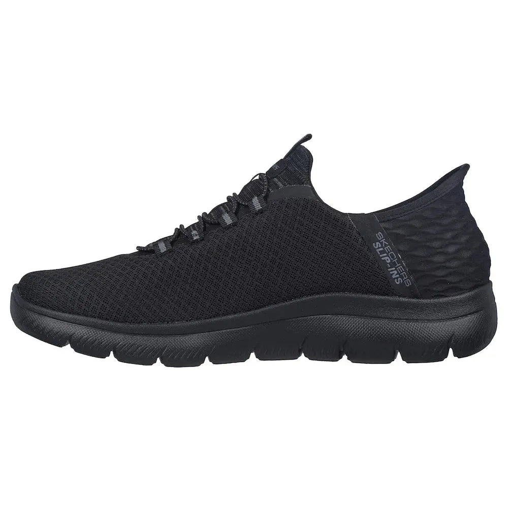 Skechers Summits-High Range men's black vegan slip-on trainers with breathable mesh upper and cushioned sole.