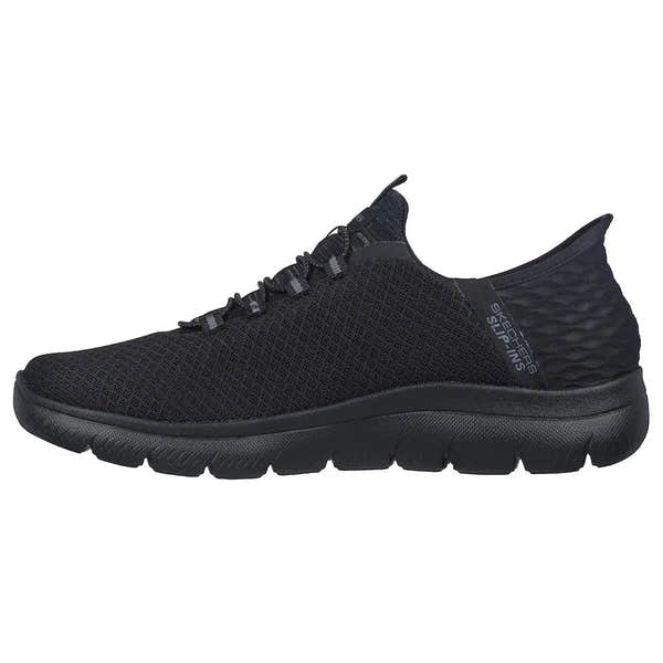 Skechers Summits-High Range men's black vegan slip-on trainers with breathable mesh upper and cushioned sole.