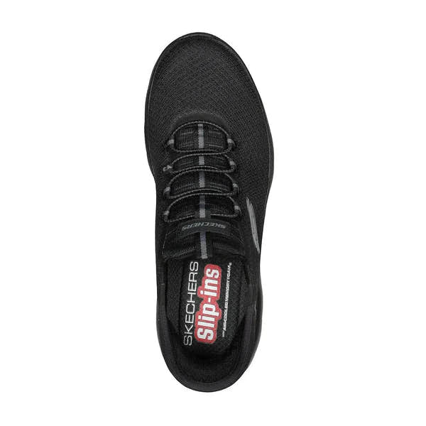 Black Skechers Summits-High Range men's vegan slip-on trainers with breathable mesh upper and sporty design.
