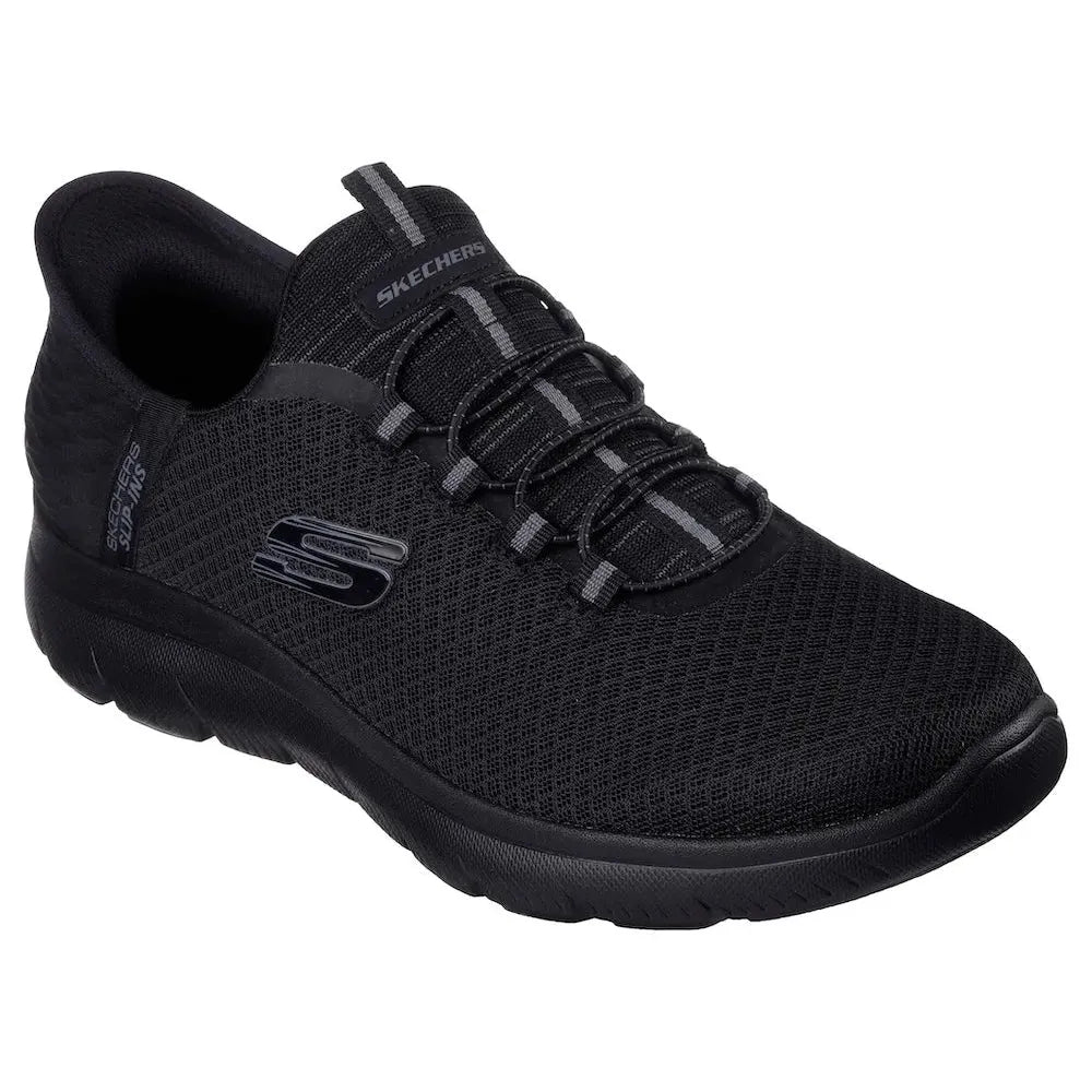 Black Skechers men's vegan slip-on trainers with breathable mesh upper, cushioned sole, and elastic laces for comfortable fit.