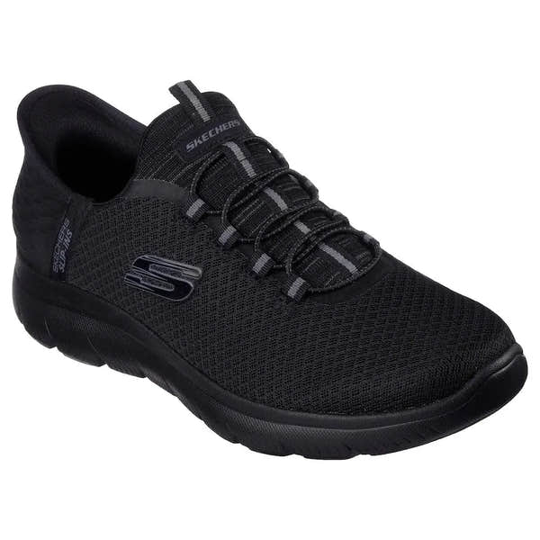 Black Skechers men's vegan slip-on trainers with breathable mesh upper, cushioned sole, and elastic laces for comfortable fit.