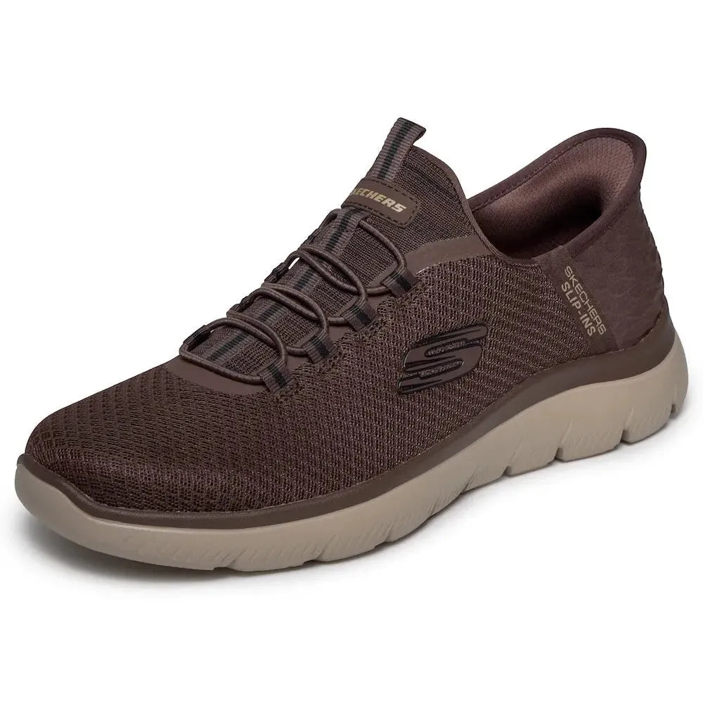 Skechers Summits-High Range Men's Vegan Slip-On Trainers in Chocolate with breathable mesh upper and cushioned beige sole.