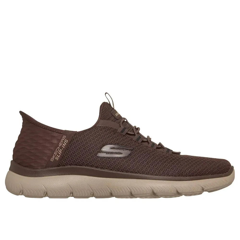 Skechers men's vegan slip-on trainers in chocolate brown with breathable mesh upper and cushioned rubber sole.