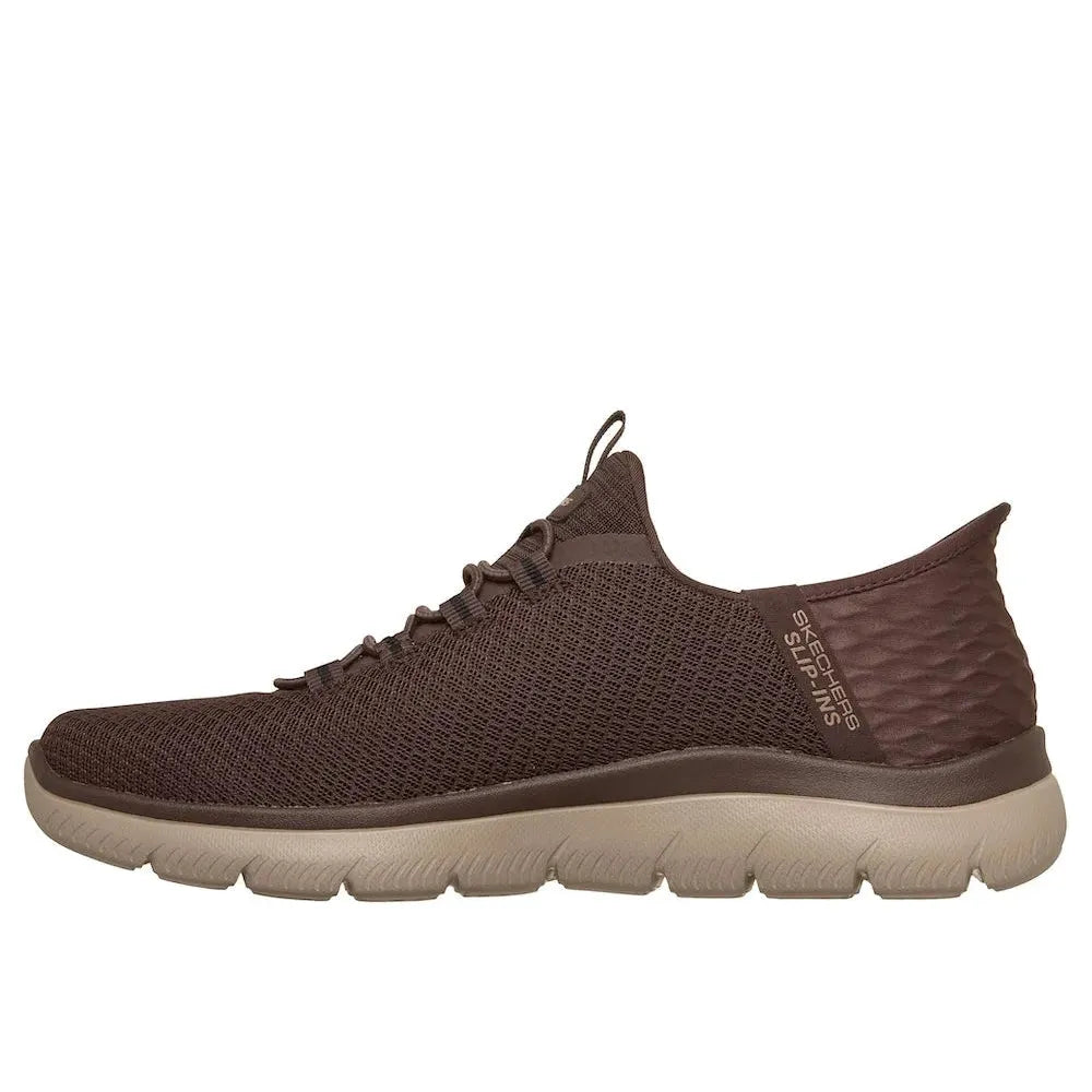 Skechers men's vegan slip-on trainers in chocolate brown with breathable mesh upper and cushioned sole, style 232457 Summits-High Range.