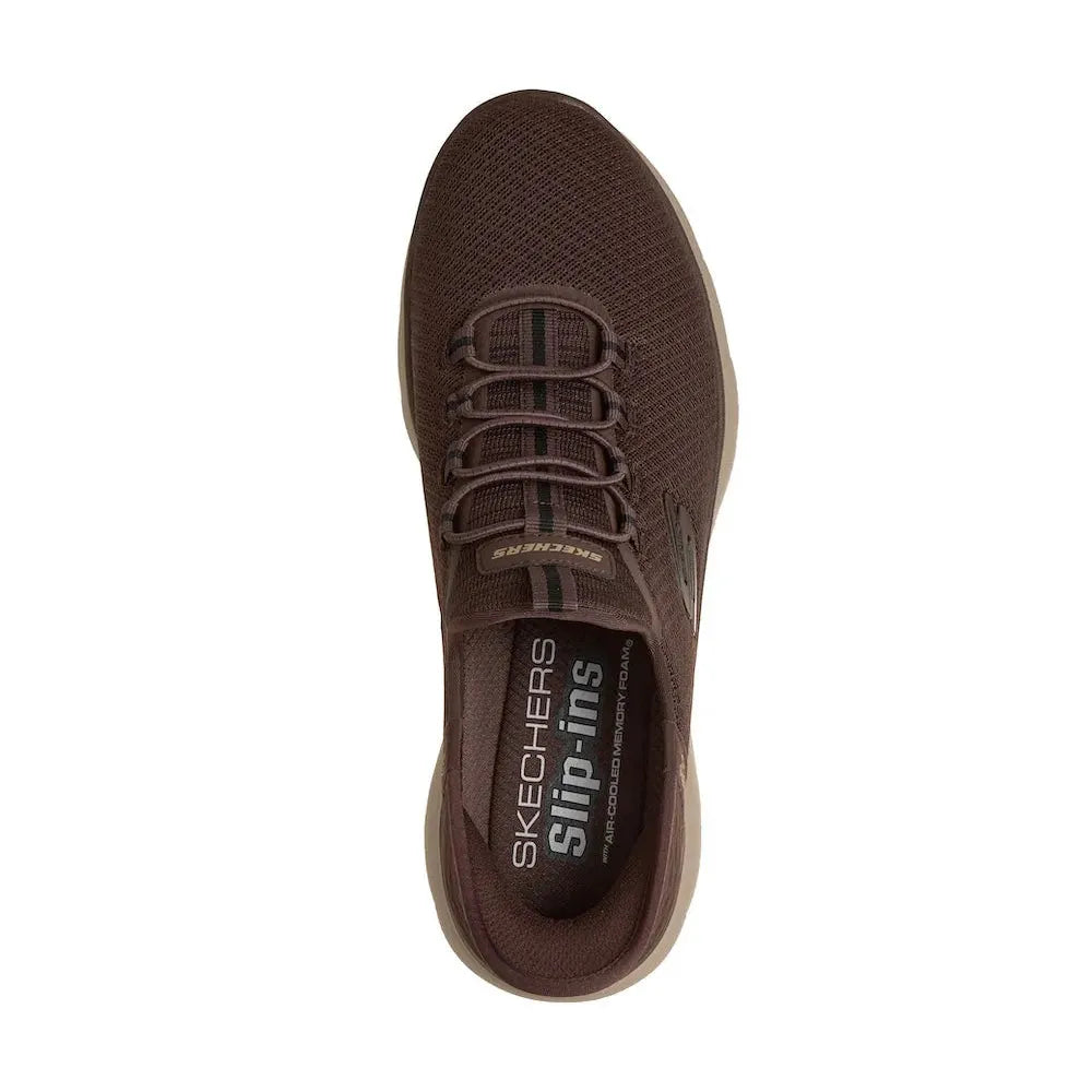 Men's brown Skechers vegan slip-on trainers with breathable mesh upper and cushioned insole for comfort.