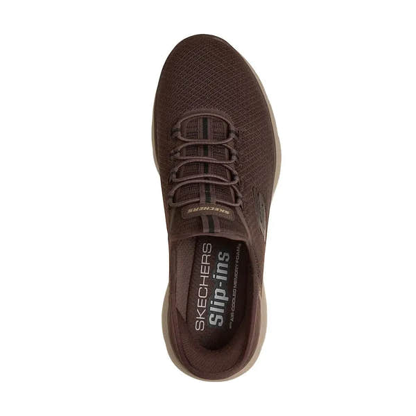 Men's brown Skechers vegan slip-on trainers with breathable mesh upper and cushioned insole for comfort.