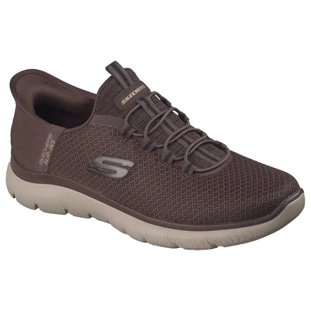 Skechers men's Summits high-range chocolate vegan slip-on trainers with breathable mesh upper and cushioned sole.