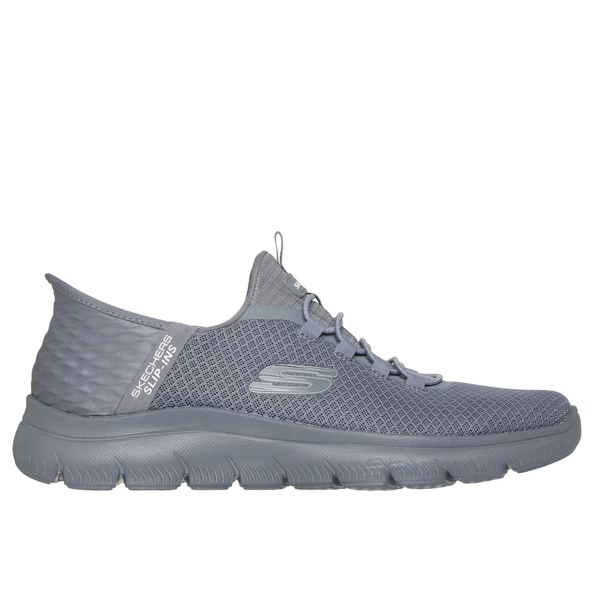 Skechers Summits men's grey slip-on trainers with breathable mesh upper and cushioned outsole for comfort.