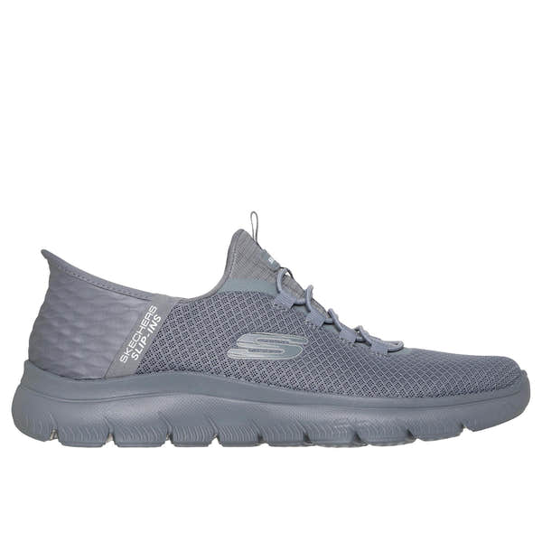 Skechers Summits men's grey slip-on trainers with breathable mesh upper and cushioned outsole for comfort.