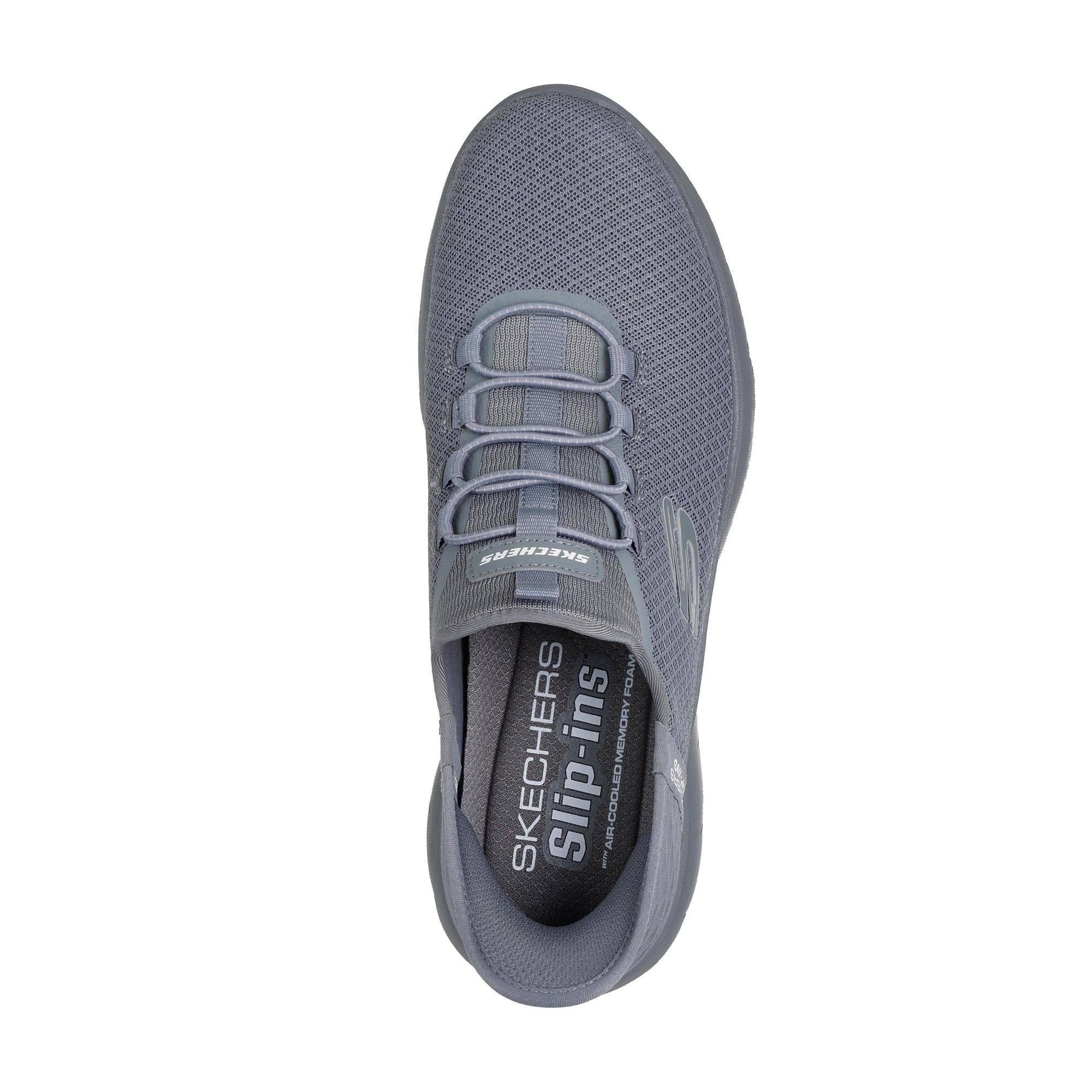 Skechers men's grey Slip-Ins Summits slip-on trainers with breathable textile upper and elastic laces, lightweight comfort.