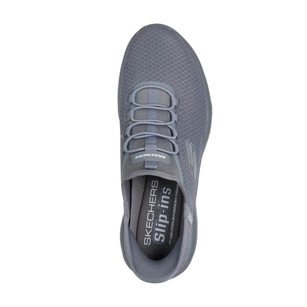 Skechers men's grey Slip-Ins Summits slip-on trainers with breathable textile upper and elastic laces, lightweight comfort.