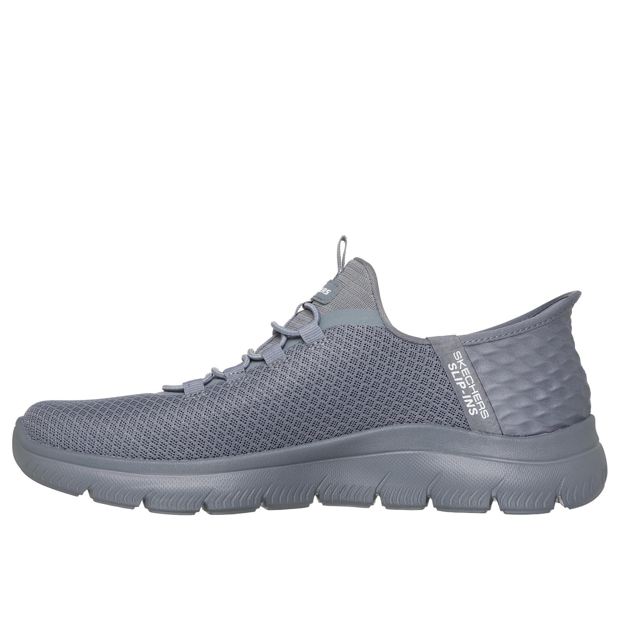 Skechers Summits men's grey slip-on trainers with breathable textile upper and cushioned sole, ideal for running and casual wear.