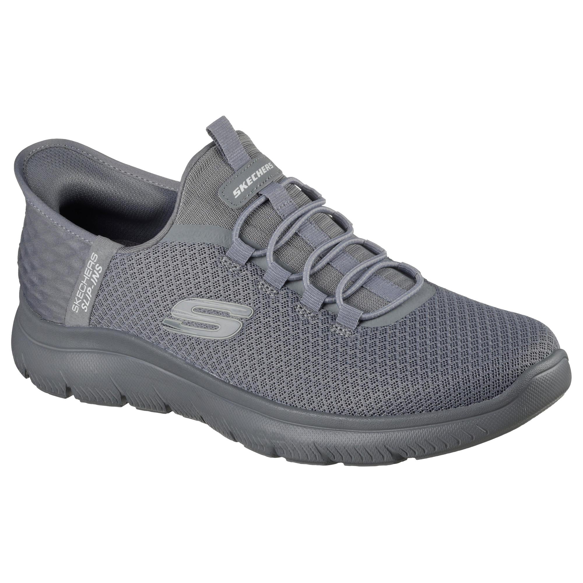 Gray Skechers men's slip-on trainers with breathable mesh upper and elastic laces, lightweight sporty design.